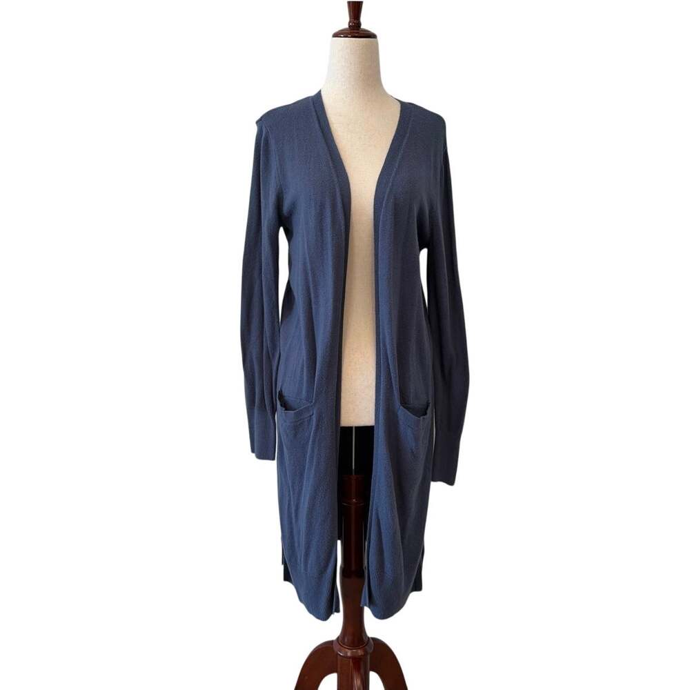 Halogen Longline Duster Cardigan Open Front Pockets Blue Gray Women's Small